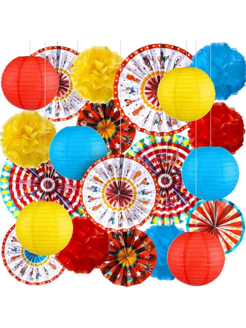 Carnival Party Decorations Set - 21 Pcs Circus Lanterns, Pom Poms & Tissue